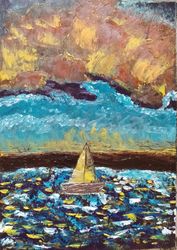 Seascape with boat poster Abstract oil impasto painting