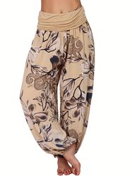 Floral Print Ruched Harem Pants, Casual Bohemian Pants,Women's Clothing