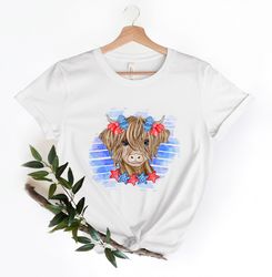 Patriotic Cow Shirt, 4th Of July T-Shirt, Independence Day Shirt, America Flag, Highland Cow Tee, Cow Bandana USA Tees,