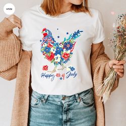 4th of July Chicken Shirt, Fourth of July T Shirt, Floral Chicken Graphic Tees, America Vneck Tshirts, Patriotic Mom Shi