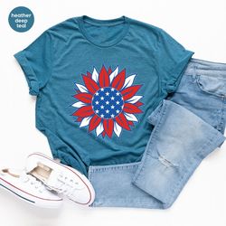 American Flag T-Shirt, Patriotic Gift, 4th Of July Shirt, America Sunflower Shirt, USA Flower Graphic Tees, Freedom TShi