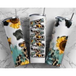 Mama Tumbler Wrap PNG Sunflower and Leopard Cow Print PNG Tumbler Design Seamless Country Sublimation Designs Downloads