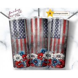 American Flag 20 oz Skinny Tumbler Sublimation Design Digital Download PNG Instant DIGITAL ONLY, Patriotic Floral Daisy