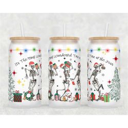 Funny Christmas Glass Can Wrap - Digital Sublimation Design - Christmas Skeletons Dancing - 16oz Template, Sassy Sarcast