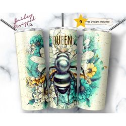 Floral Queen Bee 20 oz Skinny Tumbler Sublimation Design Digital Download PNG Instant DIGITAL ONLY, Springtime Flowers Q