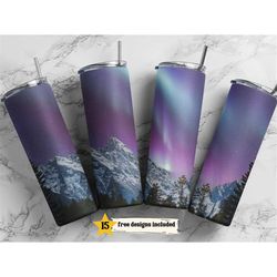 20oz Skinny Tumbler Northern Lights Night Sky PNG Sublimation Design, Forest Template Print Straight PNG File Digital Do