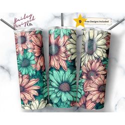 Pink and Mint Daisies 20 oz Skinny Tumbler Sublimation Design Digital Download PNG Instant DIGITAL ONLY, Seamless  Sprin