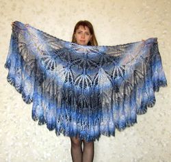Bright crochet warm Russian shawl, Blue Orenburg wool wrap, Goat down stole, Shoulder cape, Cover up, Kerchief, Scarf