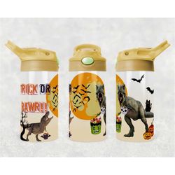 kids halloween dinosaur tumbler png wrap | sublimation digital download | kids water bottle 12 oz skinny straight design