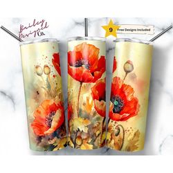 Poppies 20 oz Skinny Tumbler Sublimation Design Digital Download PNG Instant DIGITAL ONLY, Spring Flowers Tumbler, Flora