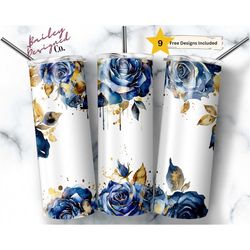 Gold and Blue Rose 20 oz Skinny Tumbler Sublimation Design Digital Download PNG Instant DIGITAL ONLY, Bridal Elegant Ros
