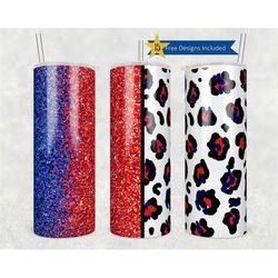 20oz Skinny Tumbler Blue and Red Glitter Leopard Cheetah Glitter Sublimation Designs Template Straight PNG File Download