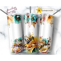 Personalize Floral Bee 20 oz Skinny Tumbler Sublimation Design Digital Download PNG Instant DIGITAL ONLY, Spring Flowers