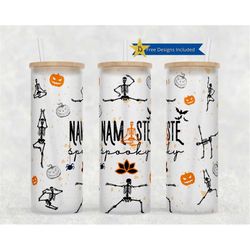 25 oz Glass Can Tumbler Wrap, Namaste Spooky Halloween Sublimation Design Templates, Funny Skeleton Straight PNG Digital