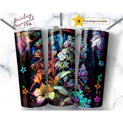 Stained Glass Wildflowers 20 oz Skinny Tumbler Sublimation Design Digital Download PNG Instant DIGITAL ONLY, Spring Flow