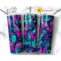 Neon Butterfly 20 oz Skinny Tumbler Sublimation Design Digital Download PNG Instant DIGITAL ONLY, Seamless Butterflies P