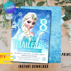 Princess Invitation Party, Frozen 2 Editable Invitation, Canva Personalized Printable and Instant Download
