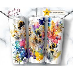 Watercolor Rainbow Bees 20 oz Skinny Tumbler Sublimation Design Digital Download PNG Instant DIGITAL ONLY, Spring Flower