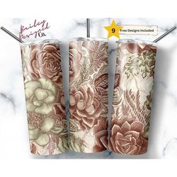 Boho Rose Embroidery Succulents 20 oz Skinny Tumbler Sublimation Design Digital Download PNG Instant DIGITAL ONLY, Embro