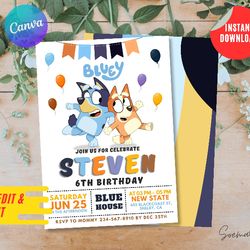 Bluey Puppy Invitation Party, Little Puppy Editable Invitation, Canva Personalized Printable and Instant Download