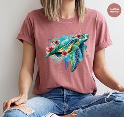 Floral Turtle Shirt, Sea Turtle Graphic Tees, Sea Animals Gifts, Trendy Oceans Clothing, Save the Turtles VNeck Shirt, C