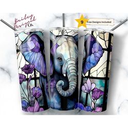 Stained Glass Baby Elephant20 oz Skinny Tumbler Sublimation Design Digital Download PNG Instant DIGITAL ONLY, Cute Flora