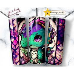 Stained Glass Neon Cute Baby Dragon 20 oz Skinny Tumbler Sublimation Design Digital Download PNG Instant DIGITAL ONLY, C