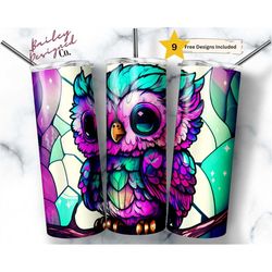 Stained Glass Neon Cute Baby Owl 20 oz Skinny Tumbler Sublimation Design Digital Download PNG Instant DIGITAL ONLY, Chib