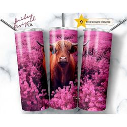 Highland Cow 20 oz Skinny Tumbler Sublimation Design Digital Download PNG Instant DIGITAL ONLY, Cow Pink Flowers Tumbler