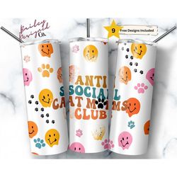 Anti Social Cat Moms Club 20 oz Skinny Tumbler Sublimation Design Digital Download PNG Instant DIGITAL ONLY, Funny Cat L