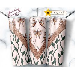 Retro Boho 20oz Sublimation Tumbler Designs, Floral Butterfly V Split 9.2 x 8.3 Straight Skinny Tumbler Wrap PNG, Boho T