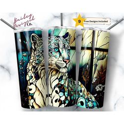 Stained Glass Snow Leopard 20 oz Skinny Tumbler Sublimation Design Digital Download PNG Instant DIGITAL ONLY, Nature Ani