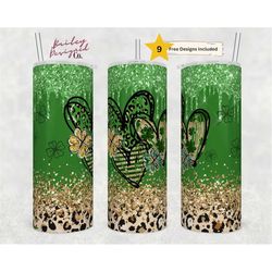 St.Patrick's Day Tumbler Design, Lucky Shamrocks 20oz Skinny Straight Tumbler Wrap, Green Glitter Print Digital Download