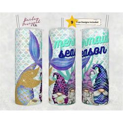 20oz Skinny Tumbler Gnomes and Mermaid Designs Template Straight PNG File Download Mermaid Tails Under Sea Scales tumble