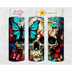 Stained Glass Skull and Butterflies 20 oz Skinny Tumbler Sublimation Design Digital Download PNG Instant DIGITAL ONLY, G