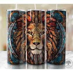 Lion Stained Glass 20 oz Skinny Tumbler Sublimation Design, Instant Digital Download PNG, Straight & Tapered Tumbler Wra