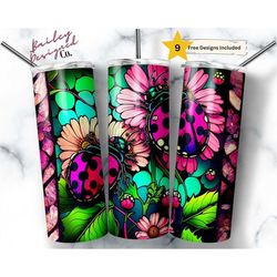 Stained Glass Ladybugs 20 oz Skinny Tumbler Sublimation Design Digital Download PNG Instant DIGITAL ONLY,  Spring Flower