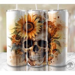 Alcohol Ink Skull and Sunflowers 20 oz Skinny Tumbler Sublimation Design Digital Download PNG Instant DIGITAL ONLY, Skel