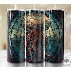 Stained Glass Jellyfish Tumbler Wrap PNG, 20 oz Skinny Tumbler Sublimation Design, Instant Digital Download