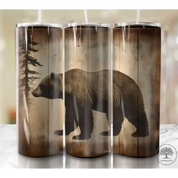 Rustic Grizzly Bear 20 oz Skinny Tumbler Sublimation wrap, straight template Tumbler digital download PNG Bear Woodgrain