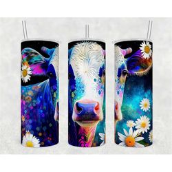 Alcohol Ink Daisies and Cow 20 oz Skinny Tumbler Sublimation Design Digital Download PNG Instant DIGITAL ONLY, Daisy Gli