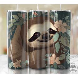 Flowers Baby Sloth 20 oz Skinny Tumbler Sublimation Design, Instant Digital Download PNG, Straight & Tapered Tumbler Wra