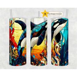 Stained Glass Orca Whale 20oz Skinny Tumbler Sublimation Design Templates, Nature Scene Tumbler Straight PNG Digital Dow