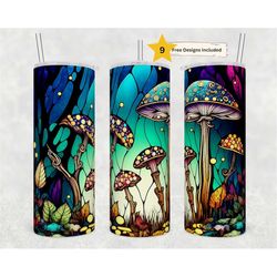 Stained Glass Mushrooms 20oz Skinny Tumbler Sublimation Design Templates, Nature Scene Tumbler Straight PNG Digital Down