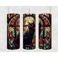 Stained Glass Black Cat 20oz Skinny Tumbler Sublimation Design Templates, Cat Owner Tumbler Straight PNG Digital Downloa