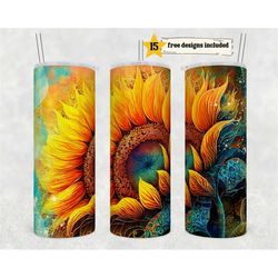 Alcohol Ink Sunflowers 20 oz Skinny Tumbler Sublimation Design Digital Download PNG Instant DIGITAL ONLY, Glitter Print