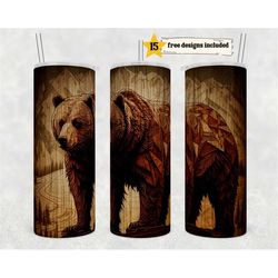 rustic grizzly bear 20 oz skinny tumbler sublimation wrap, straight template tumbler digital download png bear woodgrain