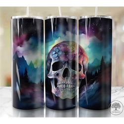 Northern Lights Skull 20oz Sublimation Tumbler Designs, Colorful 9.2 x 8.3 Straight Skinny Tumbler Wrap PNG, Sublimation
