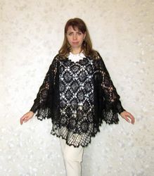 Black crochet goat wool poncho with cuffs, Warm handmade Russian Orenburg poncho, Sizeless sweater, Knitted blouse, Cape