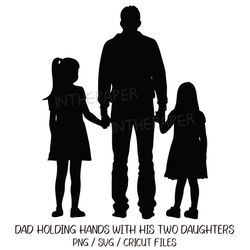 Dad holding hands with his two daughters | Father's Day PNG, Silhouette SVG, Black, Cricut Files, Girl Clip Art, Sisters